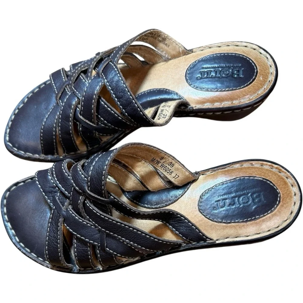 Born Brown Leather‎ Woven Strap Open Toe Slide Sandals - Women's 8 All Day Wear